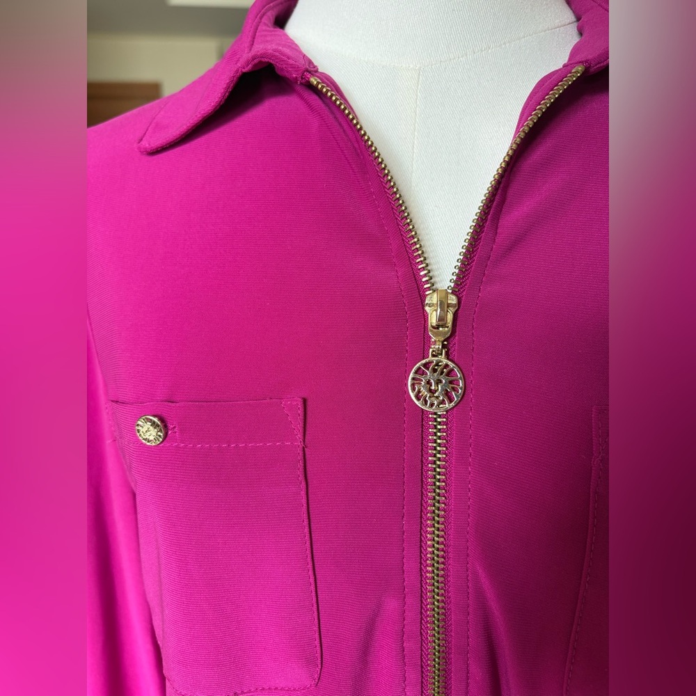 Anne Klein Magenta Half Zip Blouse w 2 Chest Pockets, Long Sleeves w Roll-Tabs - Picture 3 of 9